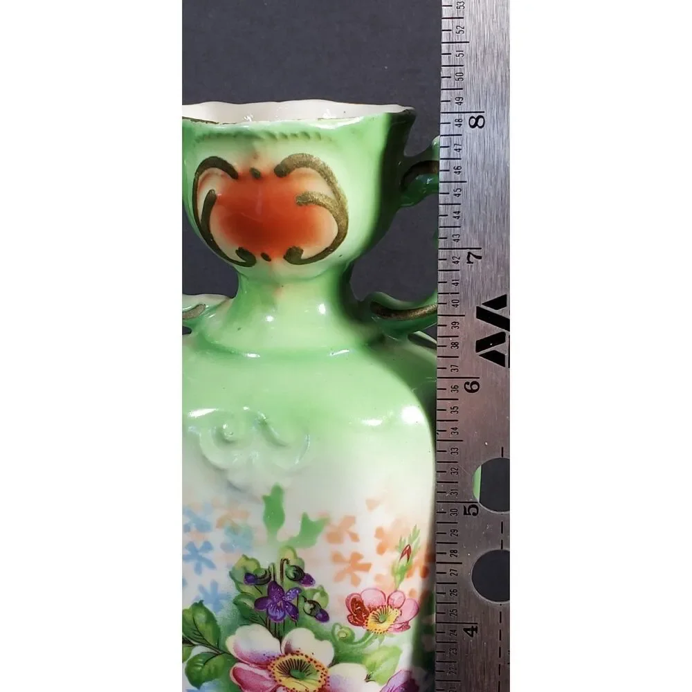 Vintage Green Floral Double Handle Made in Czechoslovakia Porcelain Vase Urn